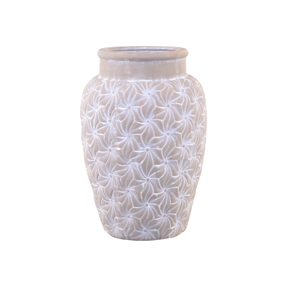 Chic Antique COLMAR rustik cementvase med hvidt præget blomstermønster