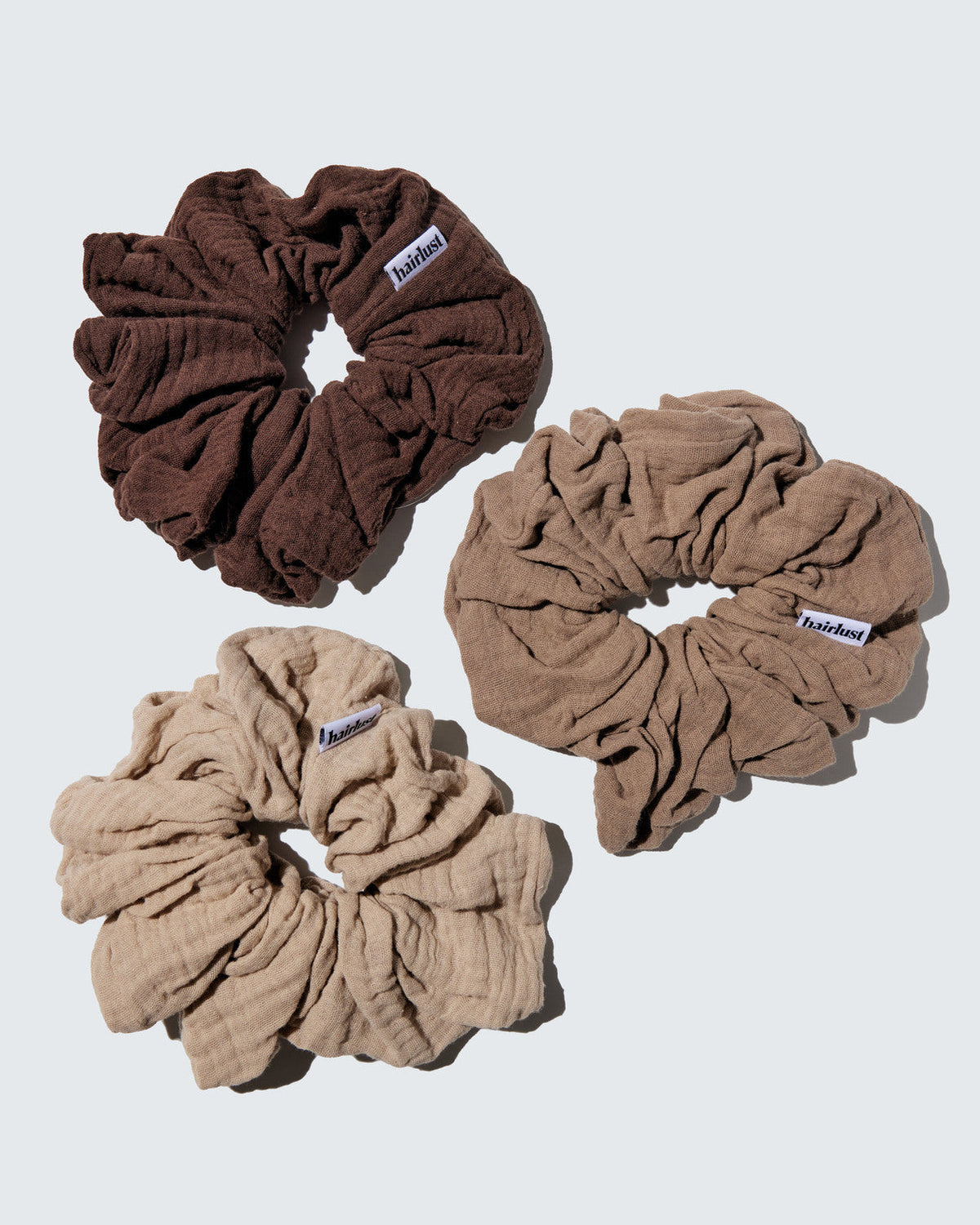Sæt med 3 store XXL Hairlust Cotton Scrunchies i coffee