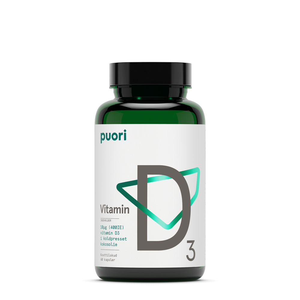 Puori D3 D-vitamin 10 µg, pakning med 60 kapsler
