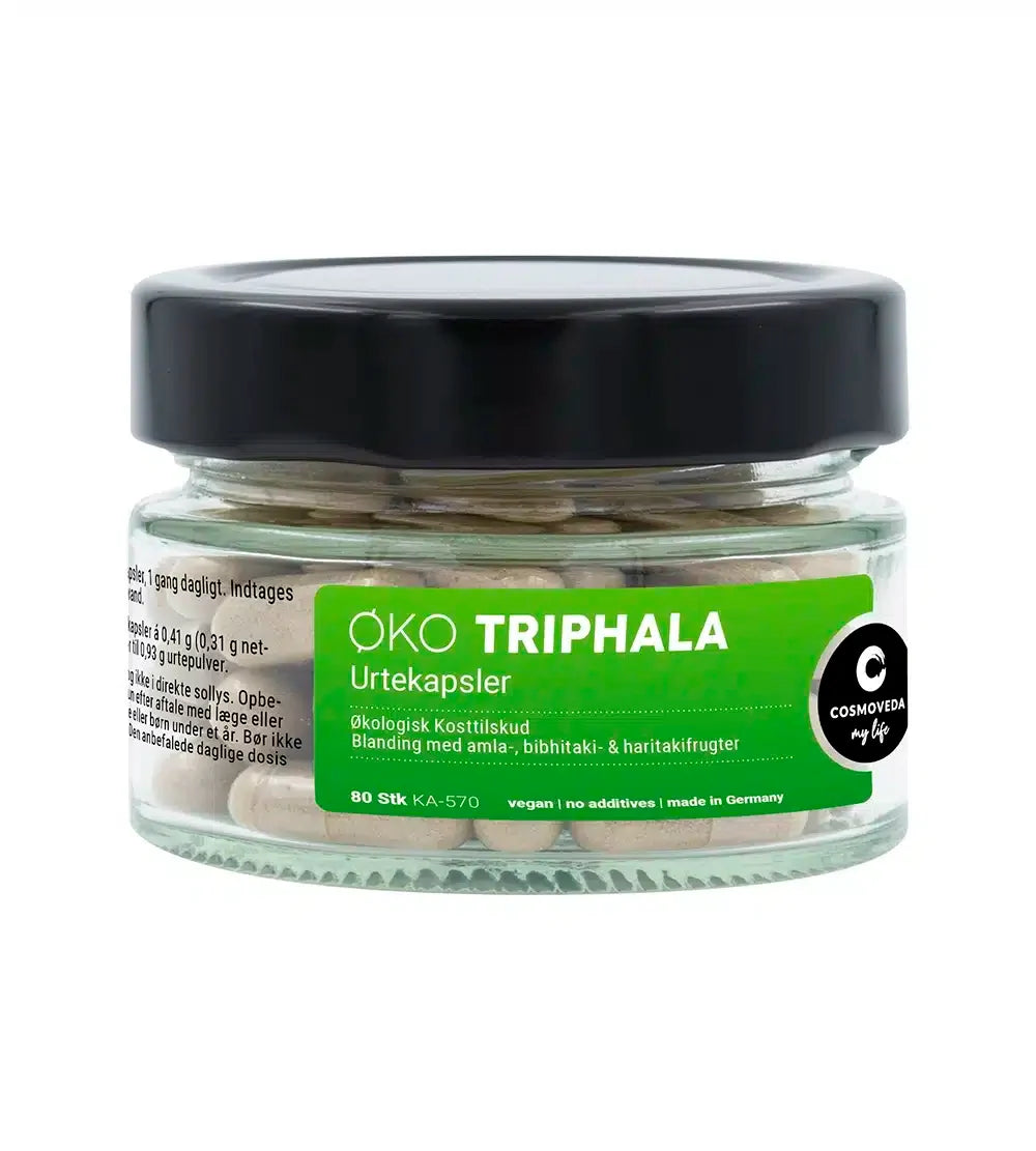 Pakning med Cosmoveda økologisk Triphala kosttilskud, 80 kapsler