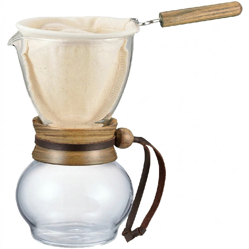 Hario Dryppot Wood Neck i borosilikatglas med oliventræ til flannel-filtrering