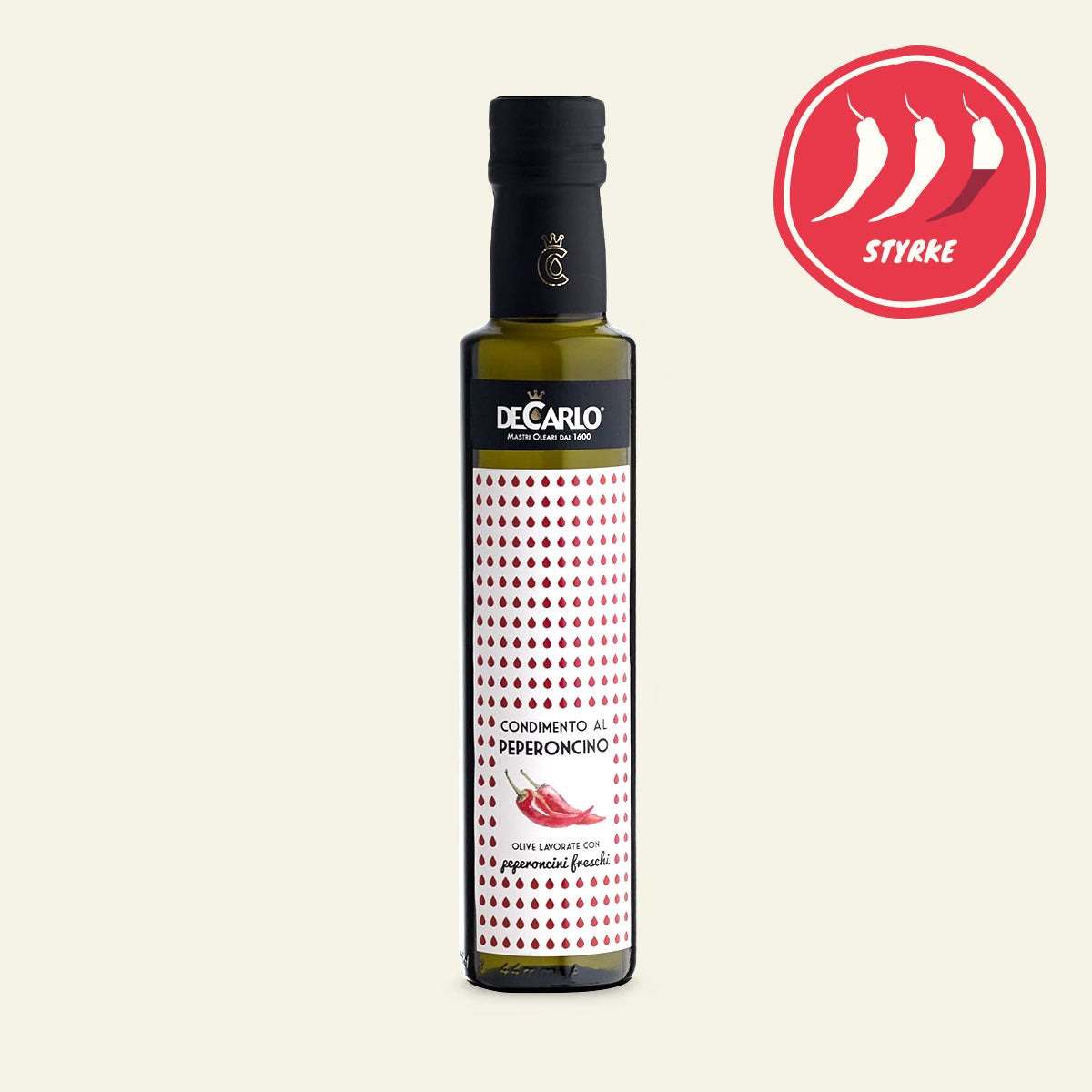 Flaske De Carlo ekstra jomfru olivenolie med chili