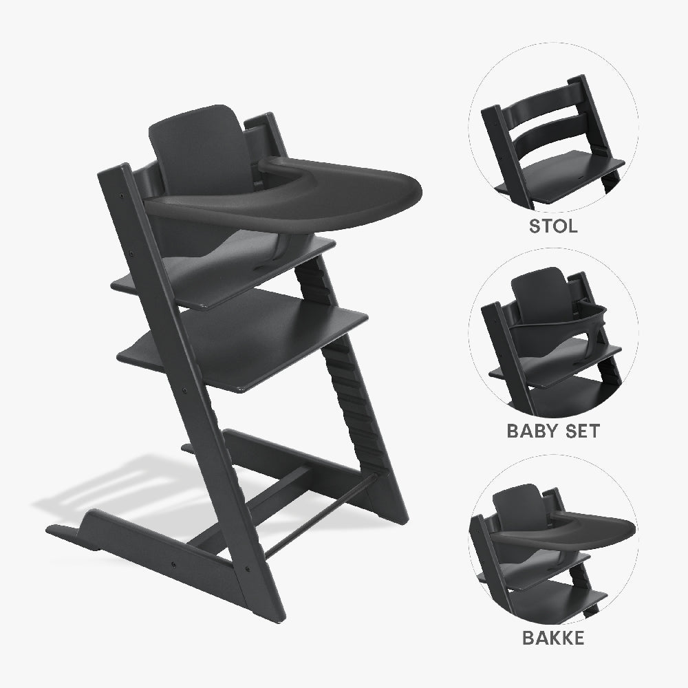 Sort Stokke Tripp Trapp højstol i bøg som bundle med babyset og tray