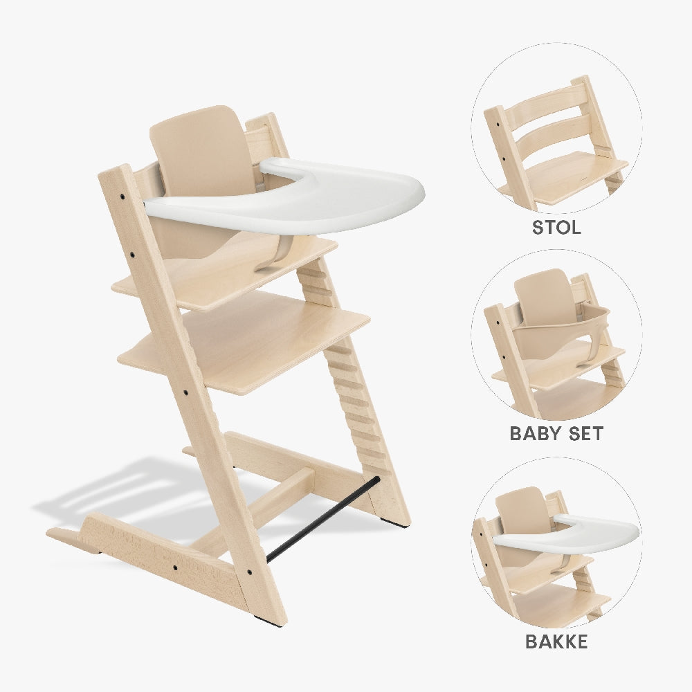 Stokke Tripp Trapp højstol i natur med babyset og tray