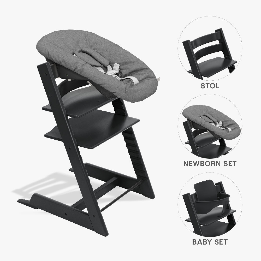 Stokke Tripp Trapp højstol i sort bøg som bundle med babyset og newborn