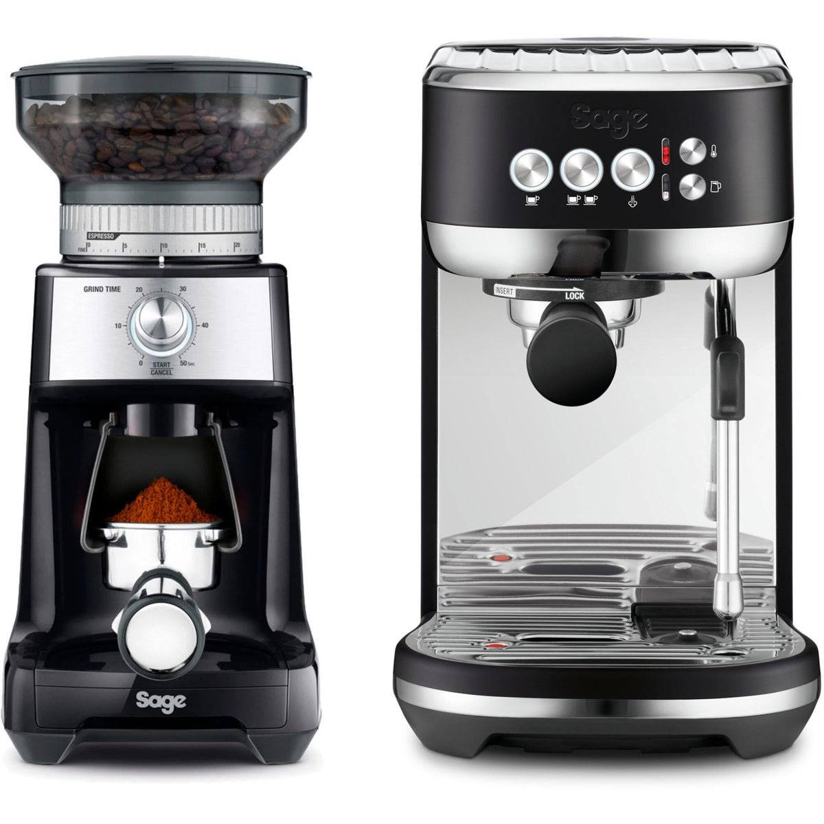 Sage Bambino Plus espressomaskine og Dose Control Pro kaffekværn i sort