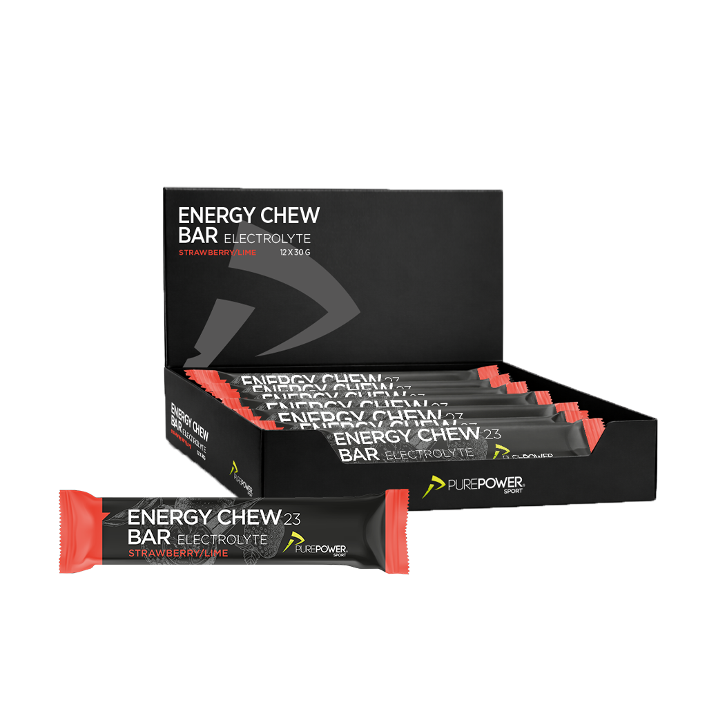 Kasse med 12 PurePower Energy Chew Bar Elektrolyt i jordbær og lime