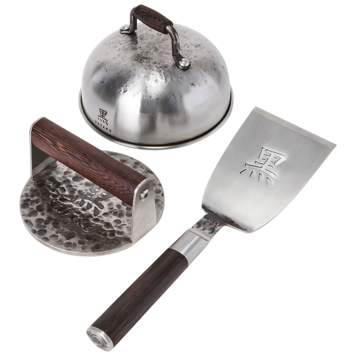 Satake Kuro smashburger-sæt med kødpresser, cloche og grillspade i stål
