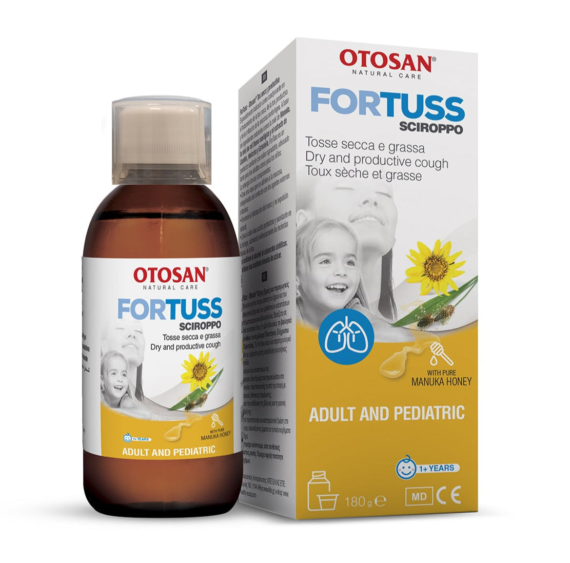 Flaske med Otosan ForTuss hostesaft med Manuka honning, 180 g