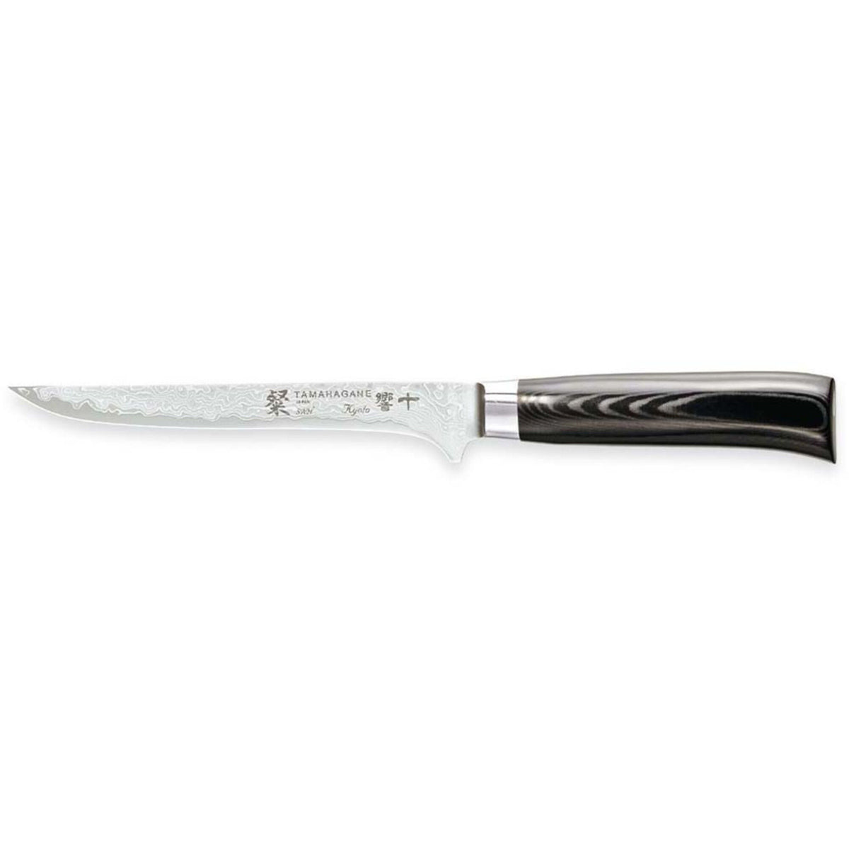 Tamahagane SAN Kyoto udbenerkniv 16 cm med Damaskusdesign og sort Micarta-skaft
