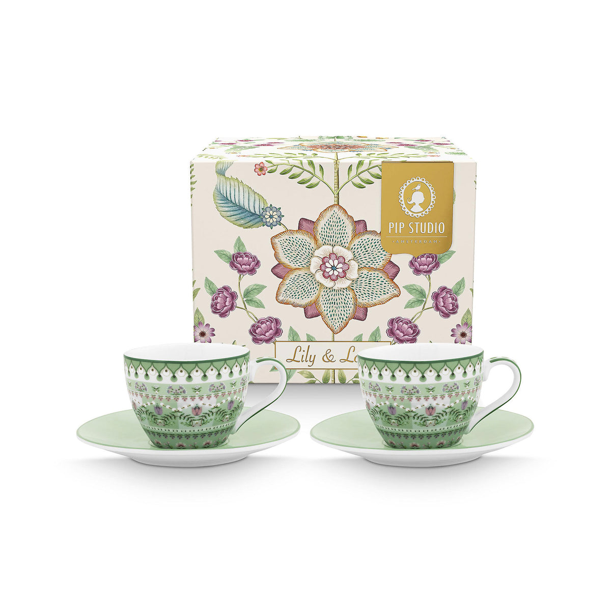 Espressokop med underkop fra PIP Studio i designet Lily & Lotus, sæt med to