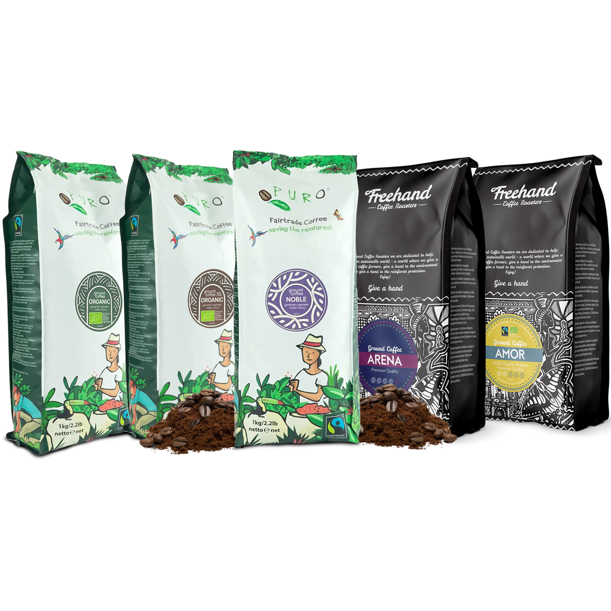 Filterkaffe-smagskassen Prøv dem alle med fem forskellige kaffer fra Freehand og Puro