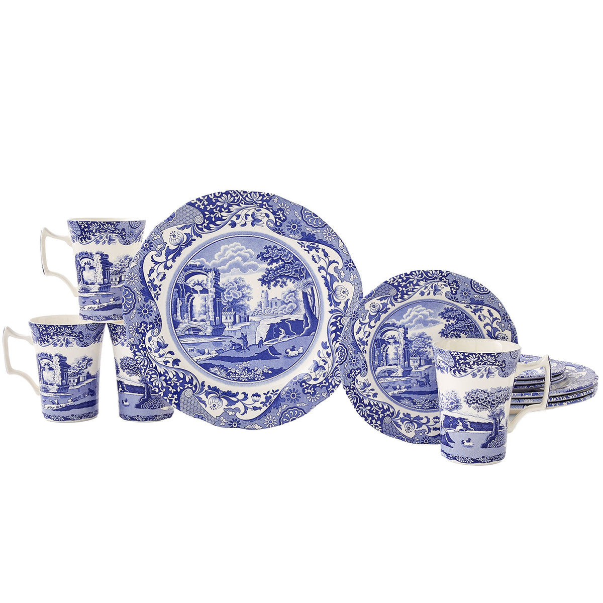 Spode Blue Italian stel med 12 dele i blå og hvid: tallerkener, desserttallerkener og krus