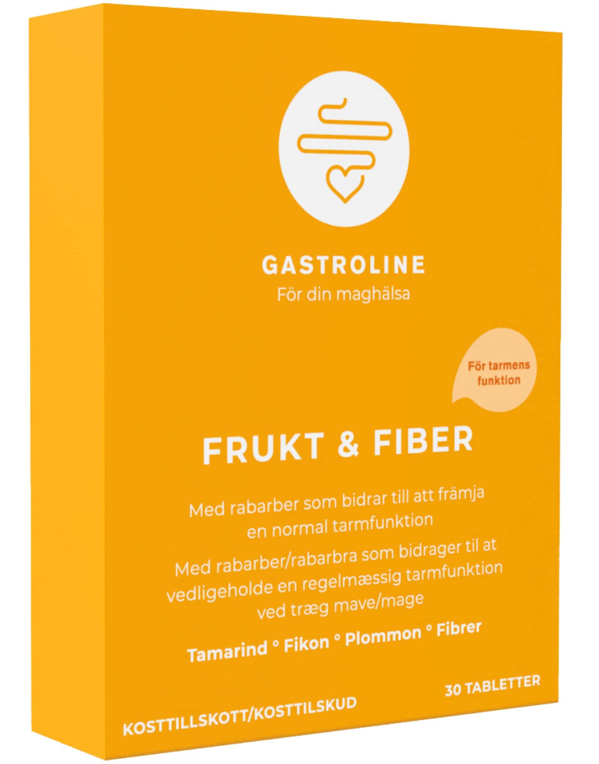 Pakning med Gastroline Frugt & Fibre kosttilskud, 30 tabletter