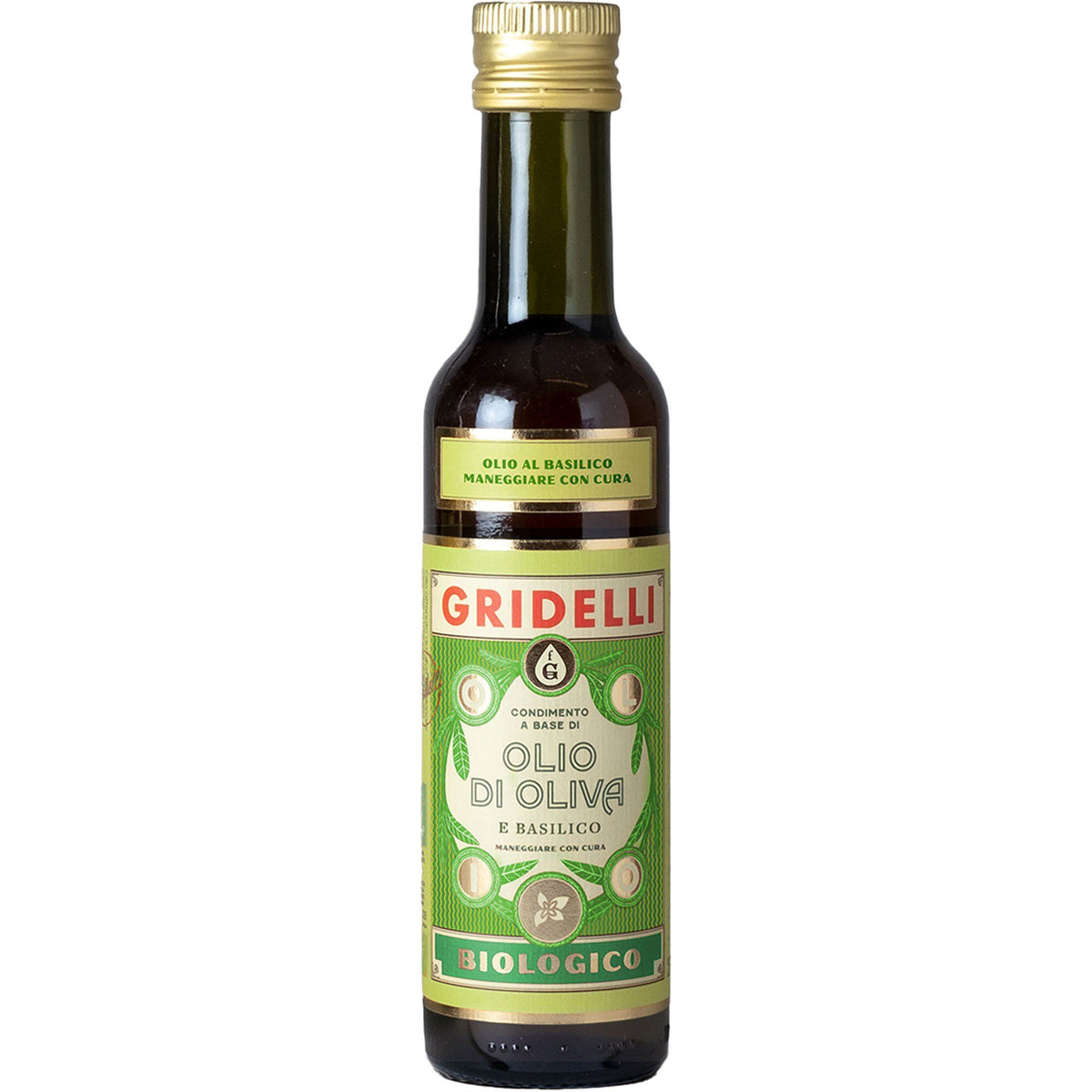 Flaske Gridelli Olio Di Oliva E Basilico, økologisk olivenolie med basilikum, 250 ml