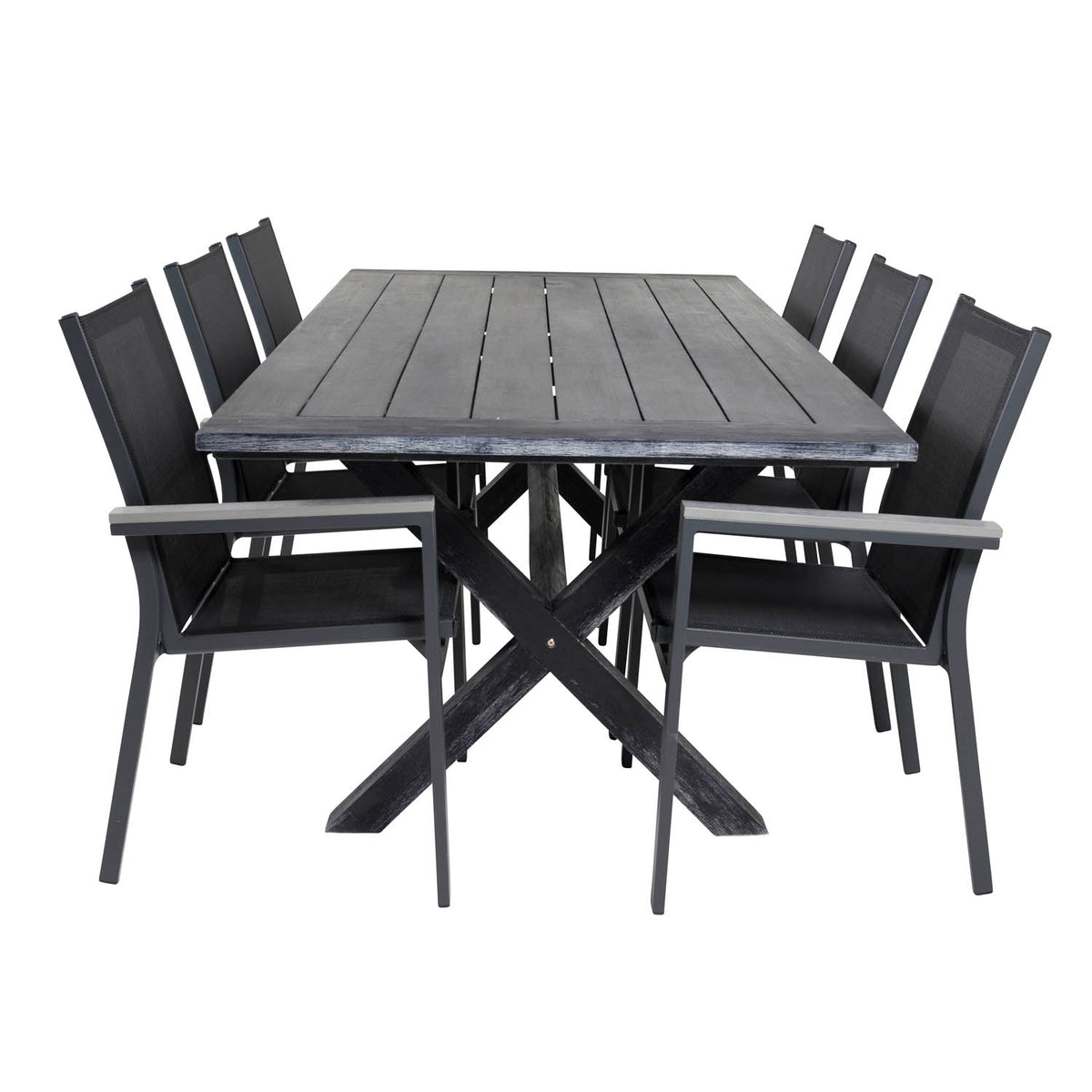 Venture Design havesæt med Rives bord og seks Parma stole med armlæn i sort akacie og aluminium