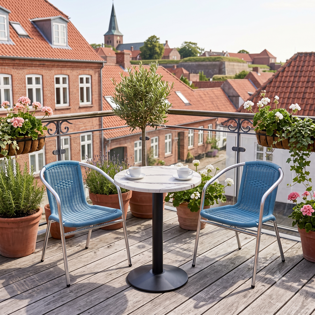 Cafépakke Amsterdam i blå med flettede caféstole og bord med marmorlook
