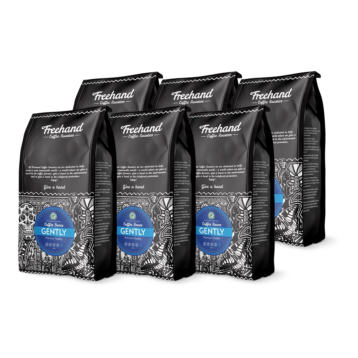Pakke med Freehand Gently mellemristede espressokaffebønner i en stor pakning på 6 kg