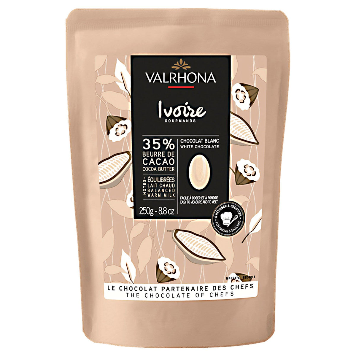 Valrhona Ivoire hvid chokolade 35 % kakao i pakke med 250 g