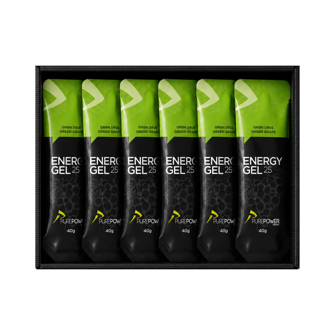 Æske med 12 PurePower Energy Gel 25 i smagen grøn drue, 40 g pr. gel