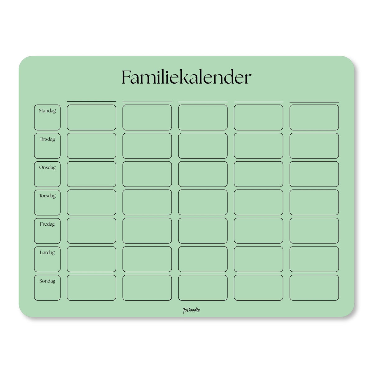 Grøn ToDoodle familiekalender med stor skrivetavle til familiens aftaler