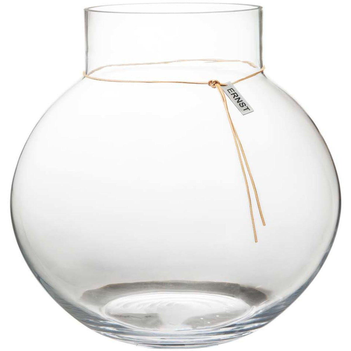 Rund Ernst glasvase med diameter 30 cm og tyndt læderbånd