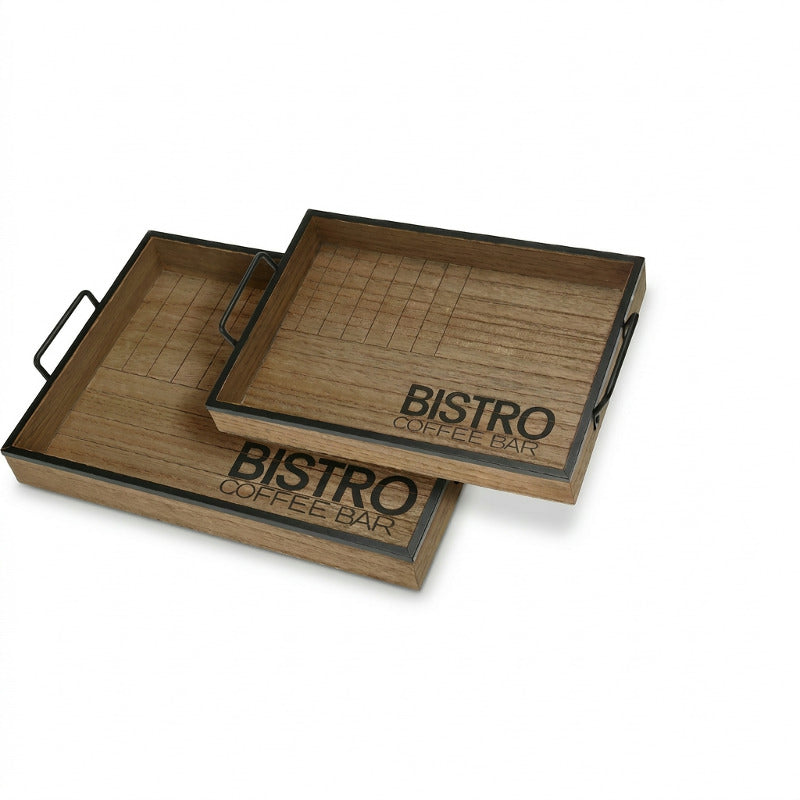 Sæt med to Bistro serveringsbakker fra Koop i trælook med rå jernkanter