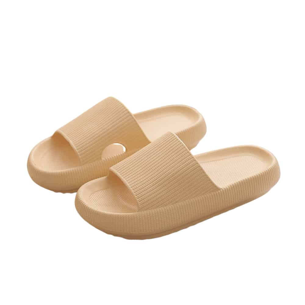 Beige slippers af blød EVA med tyk sål i størrelse 36/37, kendt som Happy Flops