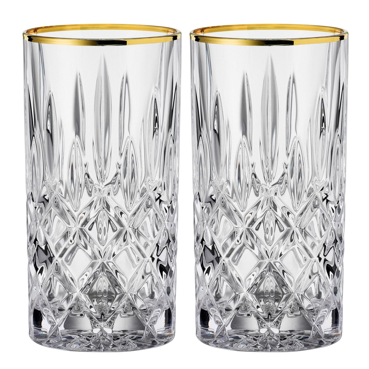 To Noblesse longdrinkglas i krystalglas med guldkant fra Nachtmann