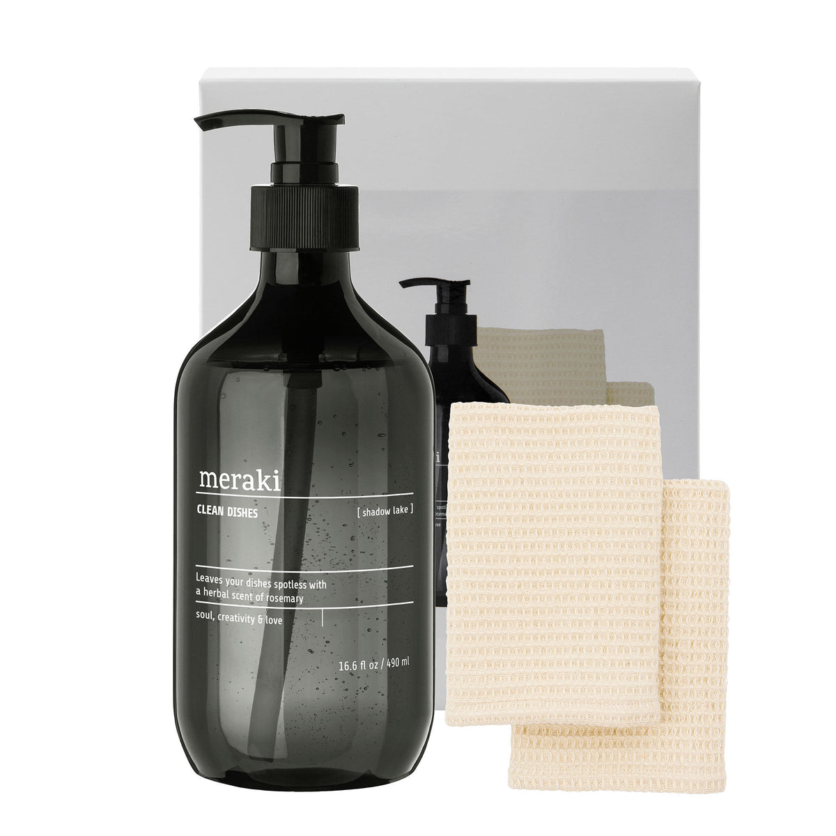 Meraki Gift Box Kitchen Essentials med opvaskemiddel og beige opvaskeklud