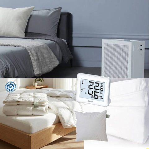 Allergipakke med helårsdyne i dun, hvid Coway luftrenser og hygrometer