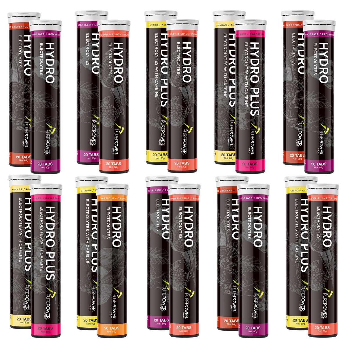 Hydro Tab elektrolytter fra PurePower i den store mixpakke med 20 tabs og flere smage