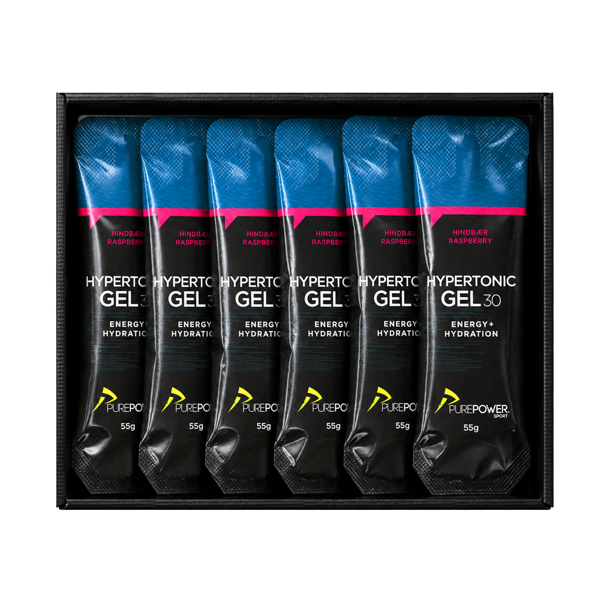 Kasse med 12 PurePower Hypertonic Gel 30 med hindbærsmag, 55 g pr. gel