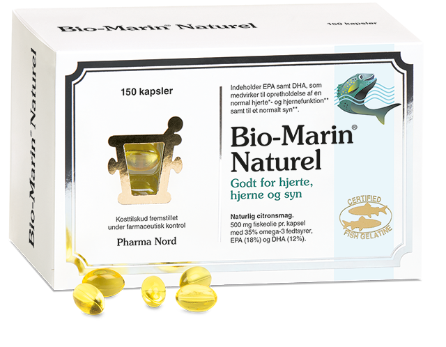 Pakning med Pharma Nord Bio-Marin Naturel fiskeolie, 150 kapsler
