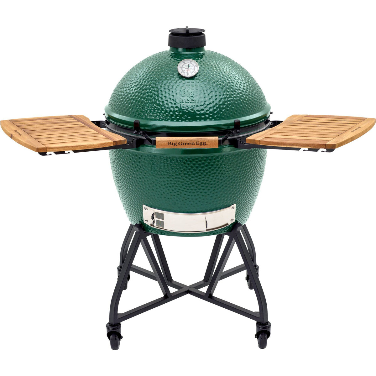 Big Green Egg XL kulgrill i grøn æggeform på hjulstativ med træhylder
