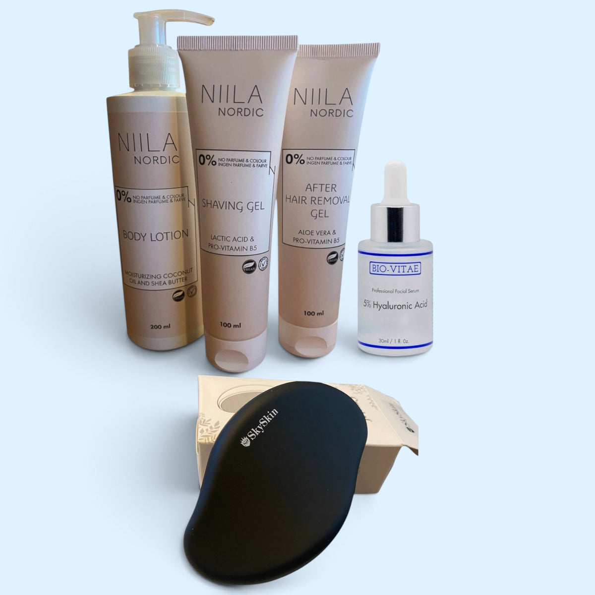 Stor Ladyshaver Skincare tilbehørspakke fra SkySkin med hud- og tilbehørsprodukter