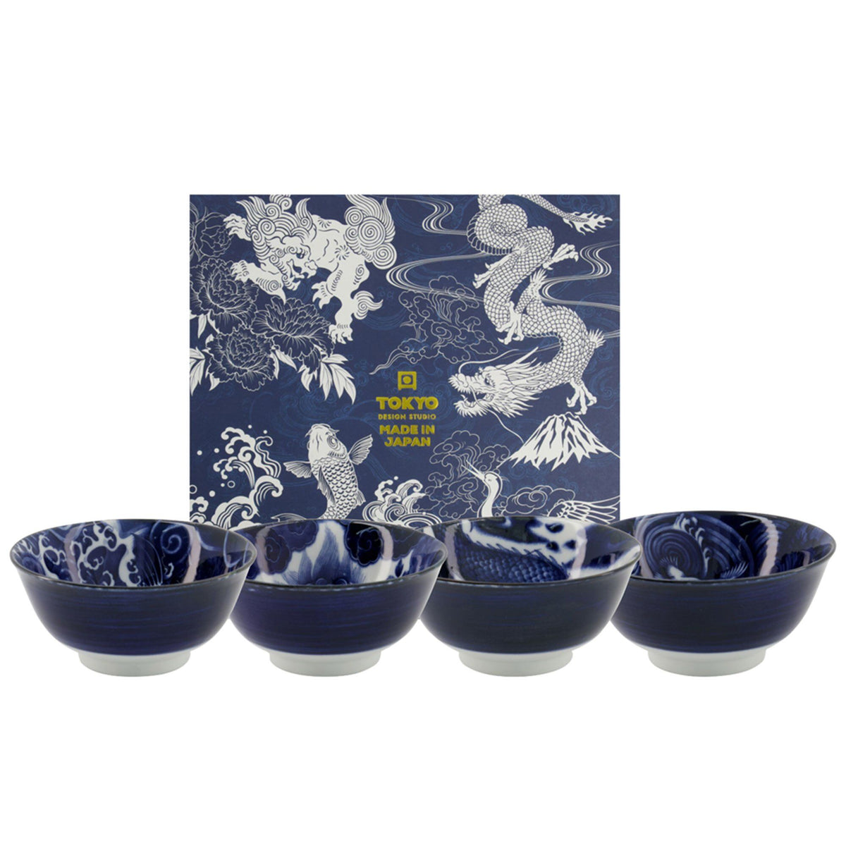 Japonism skålsæt med fire porcelænsskåle fra Tokyo Design Studio, hver med eget mønster