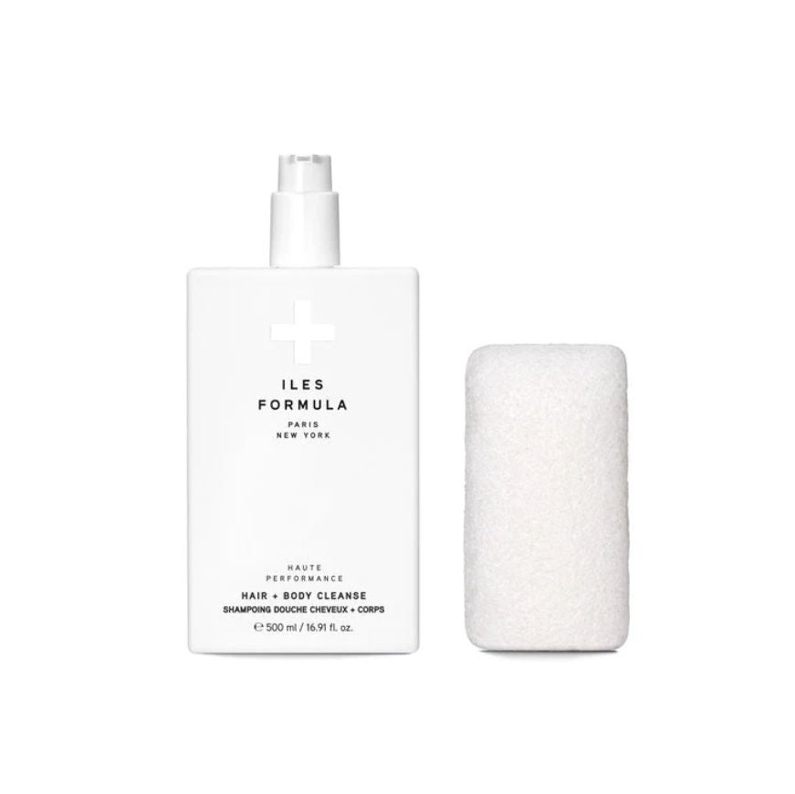 Iles Formula Hair + Body Cleanse 500 ml flaske sammen med kropssvamp