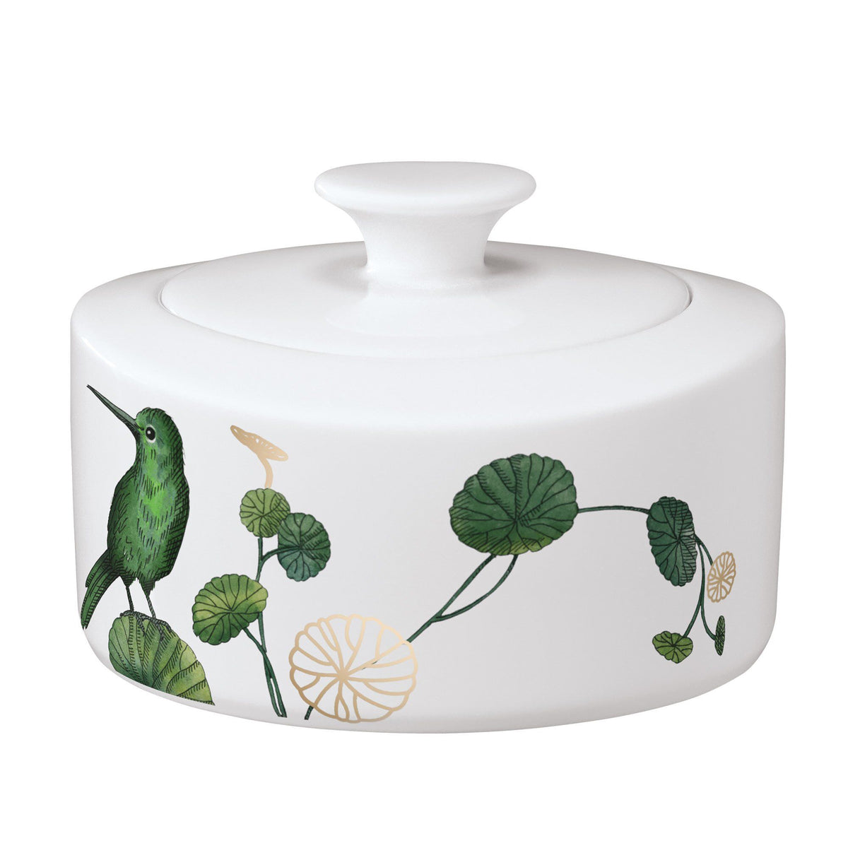 Avarua sukkerskål i benporcelæn fra Villeroy & Boch med botaniske motiver i bløde farver