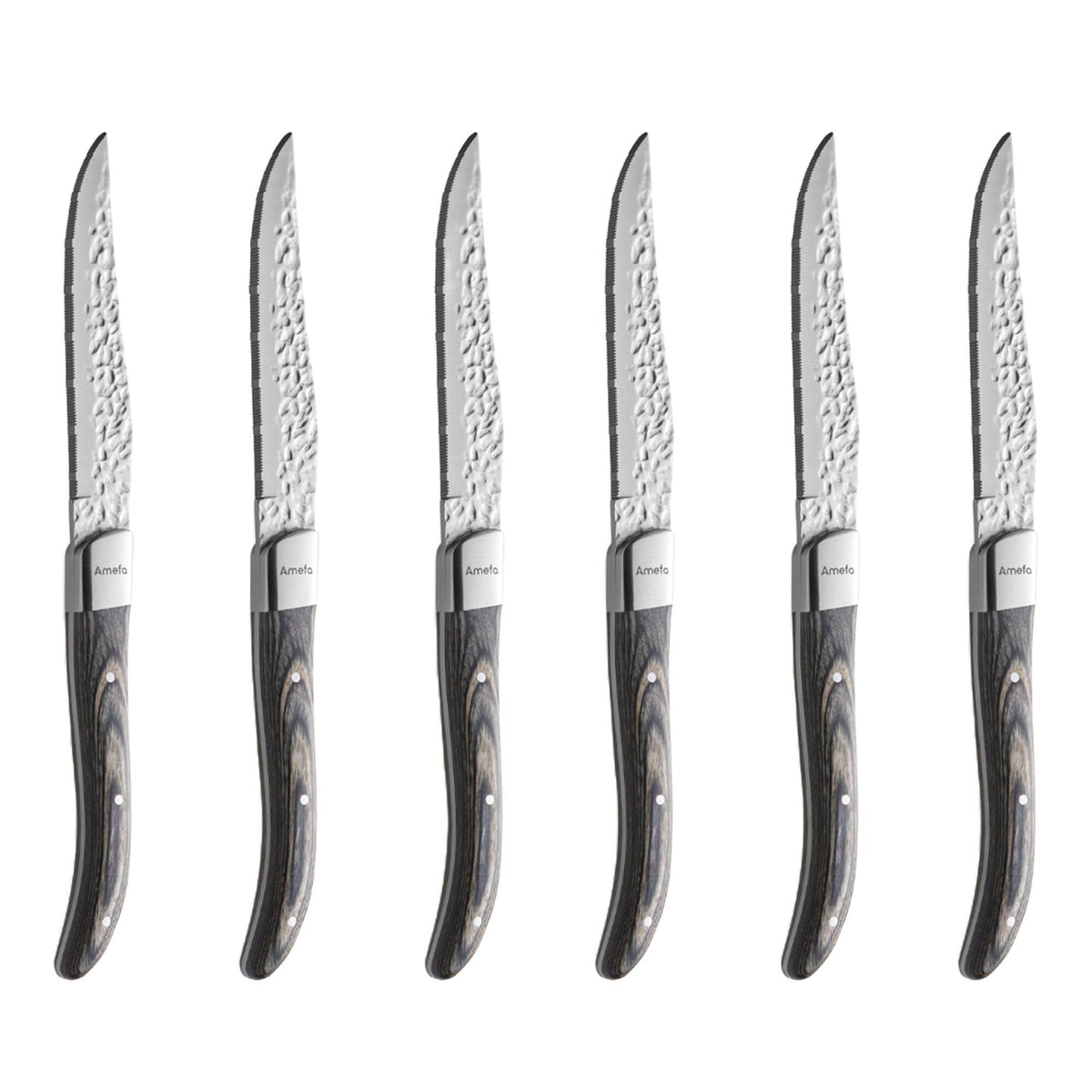Seks Amefa Royal Steak Lunar grillknive med hamret blad og træhåndtag
