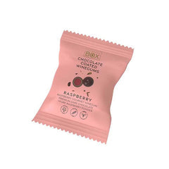 Box The Original Raspberry flowpack med hindbærvingummi og mørk chokolade