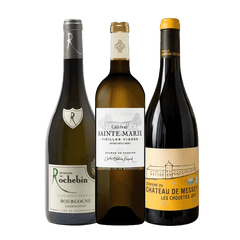 Trækasse med tre franske hvidvine, bl.a. Chardonnay og hvid Bordeaux