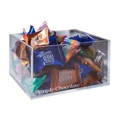 Akrylkasse fra Simply Chocolate fyldt med blandede small ones i flowpacks