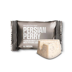 Flowpack med Persian Perry hvid chokolade og persisk lakrids fra Simply Chocolate