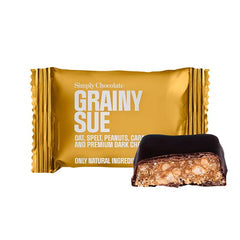 Simply Chocolate Mini Grainy Sue chokoladebar i flowpack med mørk chokolade