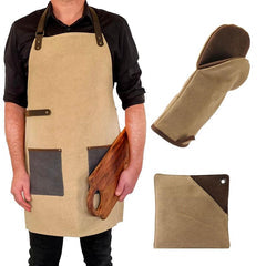 Stuff Design forklæde i beige canvas og grå læder med grydelap og grydehandske