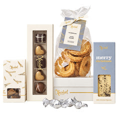 Xocolatl Christmas Box Grey, gaveæske med chokolade, marcipan og vaniljekranse