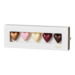 Æske med fem fyldte dessert-hjerter i chokolade fra Xocolatl, Love Hearts