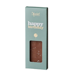 Xocolatl snackbar med karamelchokolade og havsalt, emballage med teksten Happy birthday