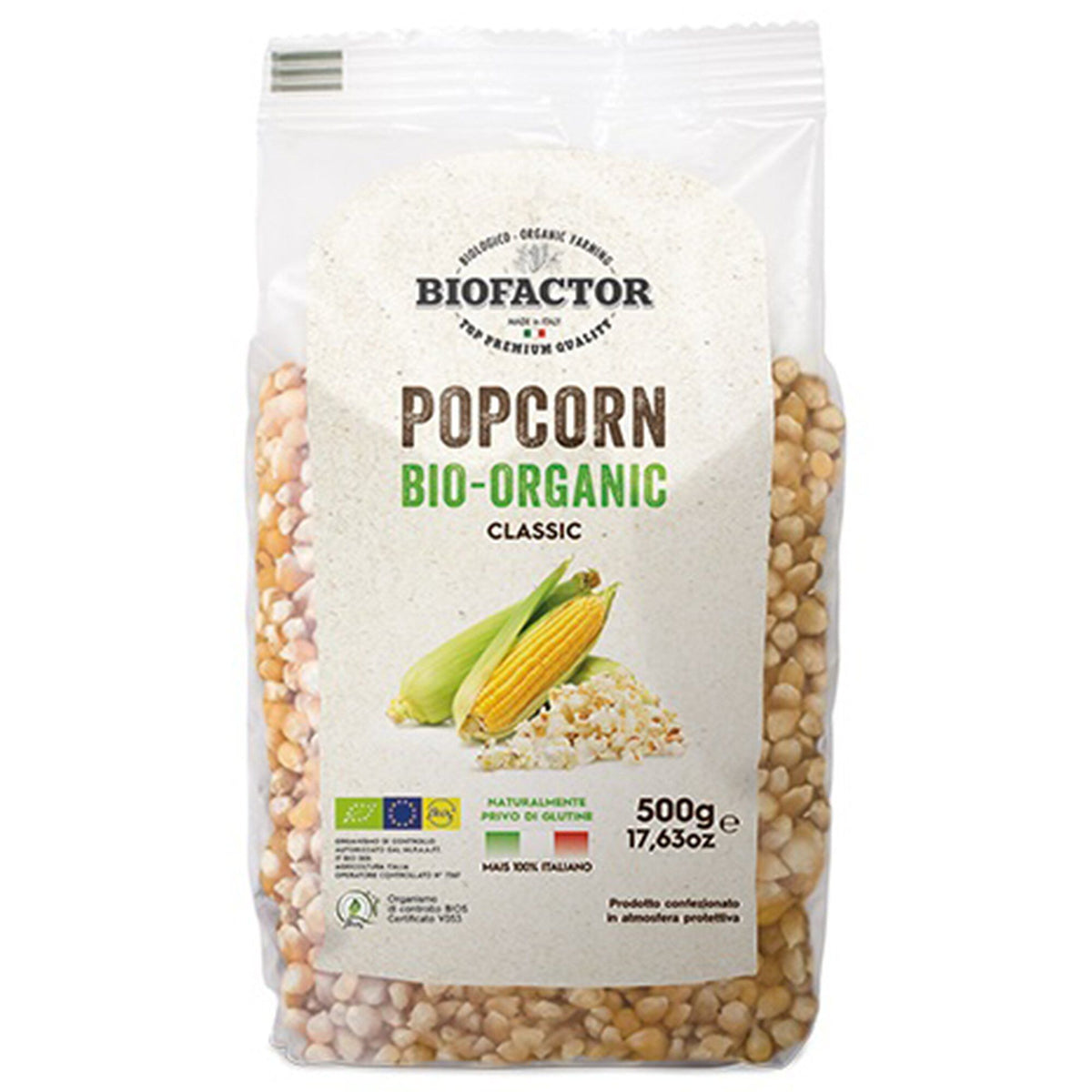 Pose med 500 g økologiske popcorn fra Biofactor